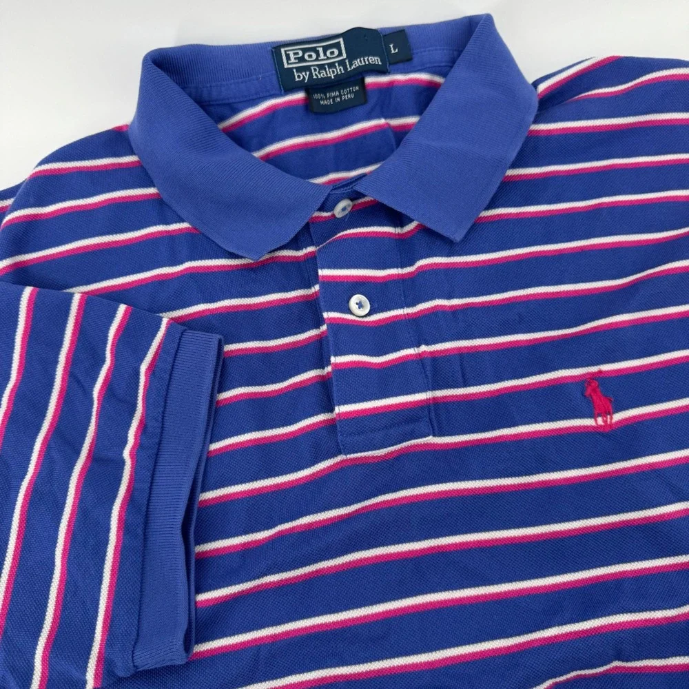 Polo Ralph Lauren Mens Large Pima Cotton Striped Polo Shirt Blue Pink White